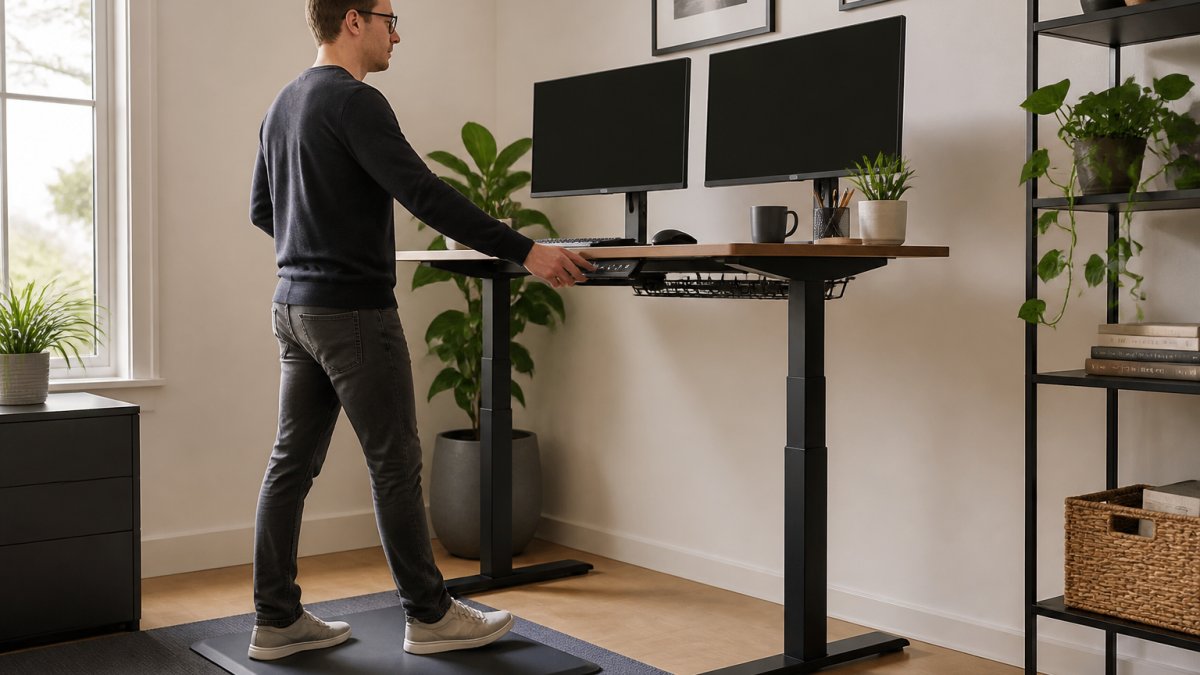 A home office worker adjusting the height of an electric standing desk with dual monitors, a floor mat beneath their feet, in a bright, tidy room