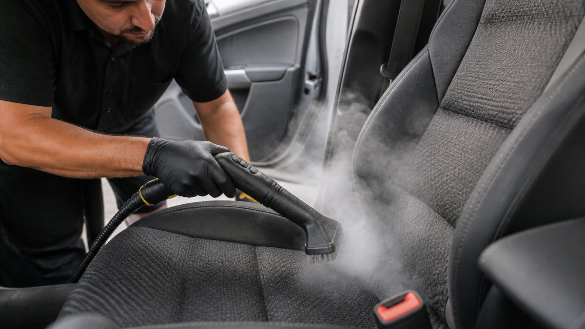 Professional detailer using handheld steam cleaner on car interior upholstery with visible steam rising from fabric, close-up showing texture of seat material being cleaned