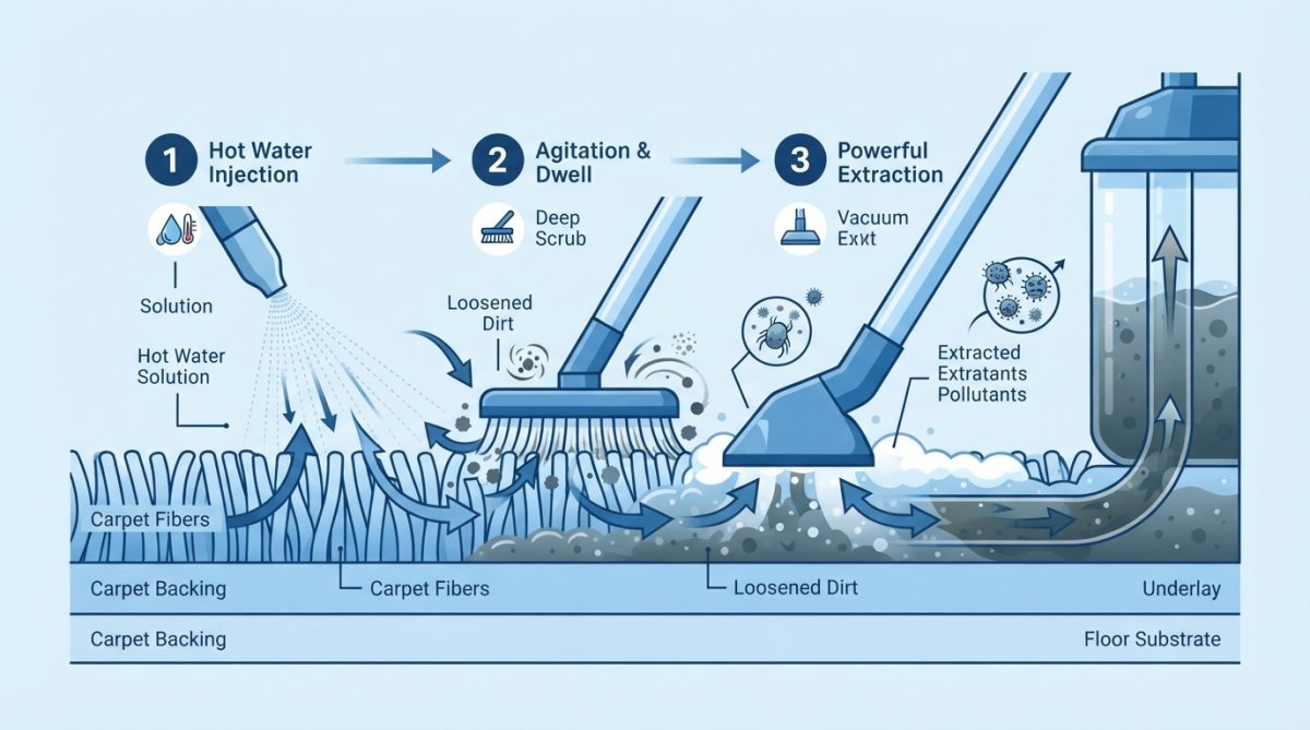 Professional illustration showing steam cleaning carpets