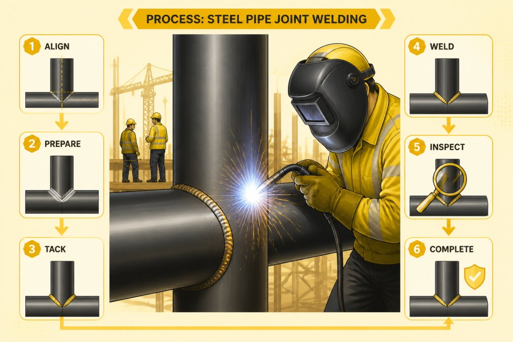 Close-up of a steel pipe joint being welded on an active construction site, showing the bright arc of the welding process and the structural connection detail with construction workers in safety gear