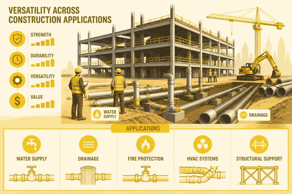 Wide-angle view of a commercial construction project showing steel piping infrastructure installed for water supply and drainage systems, with construction workers in safety gear and modern building framework visible