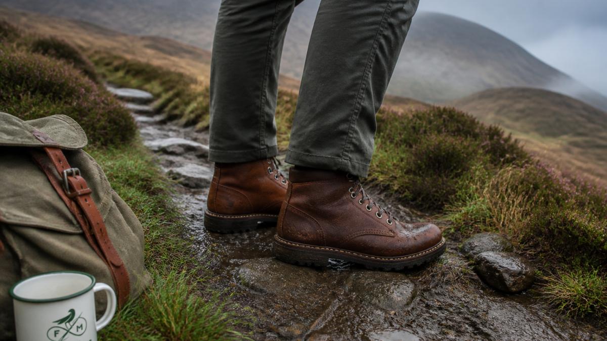 A walker in sturdy leather storm-welted hiking boots standing on a muddy, uneven upland path with low mist and wet grass, showing the boot's welted edge close to the ground