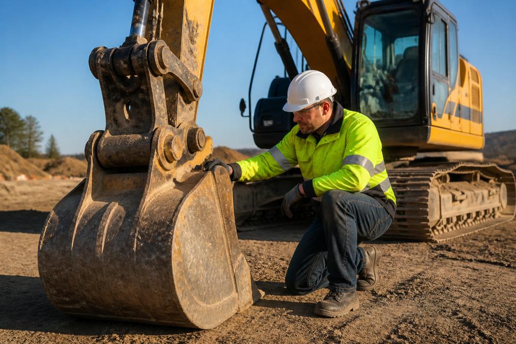 Heavy equipment operator in high-visibility safety gear and hard hat performing pre-operation inspection on excavator bucket at construction site with clear morning light