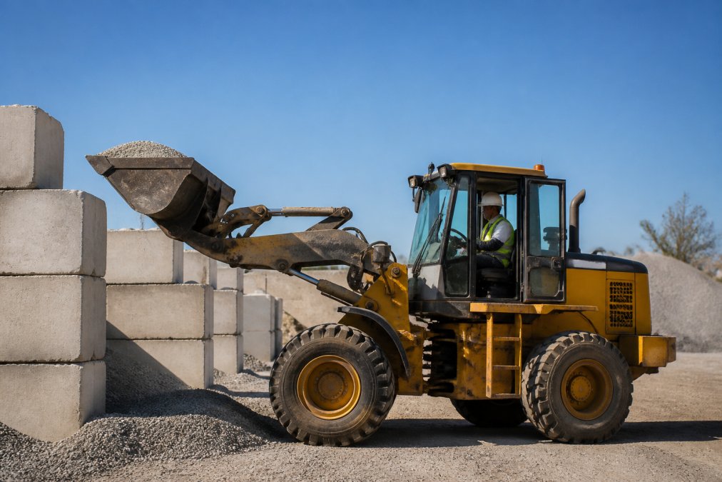 Skilled operator carefully maneuvering wheel loader with precision to stack materials at active job site, demonstrating controlled technique and professional awareness