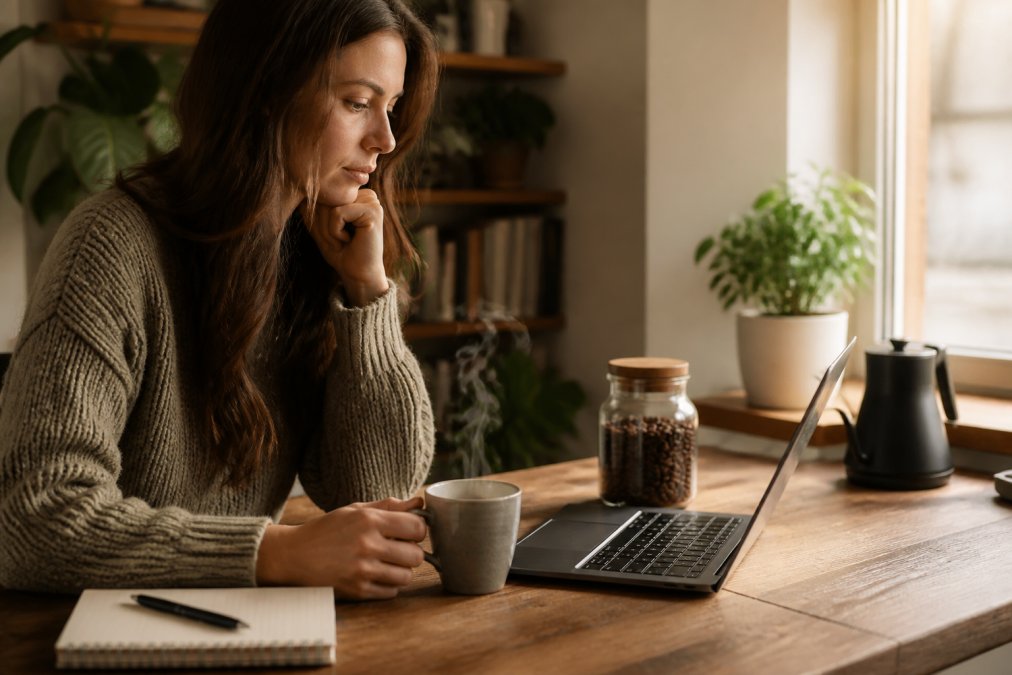 Person at home reviewing their coffee subscription settings on a laptop screen with a steaming cup of coffee nearby, natural window light illuminating a relaxed home office workspace