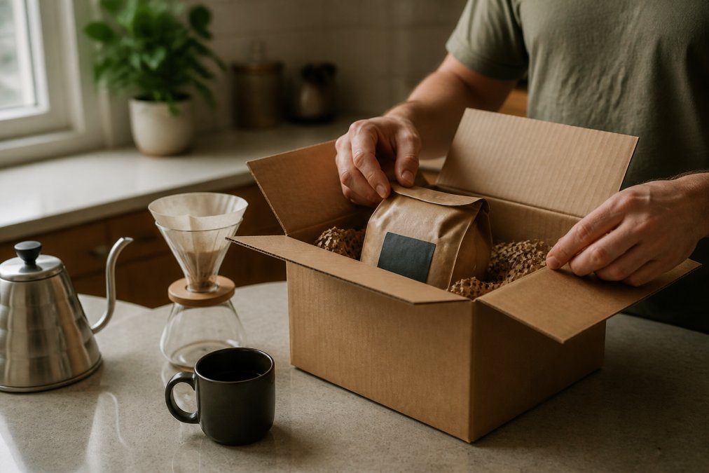 A person opening a subscription coffee box with whole beans and a pour-over setup on a sunlit kitchen counter.