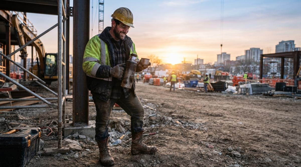 A construction worker in work boots and a hard hat holding a thermos of coffee on a job site at sunrise, looking satisfied