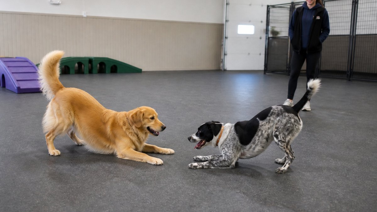 Two dogs of different breeds playing together in a spacious, climate-controlled indoor play area with soft flooring, both showing relaxed body language with play bows and wagging tails, a trained staff member observing nearby