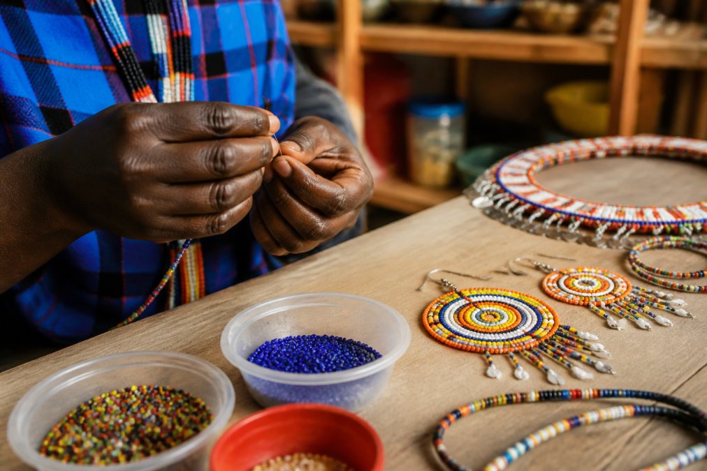 Close-up of a skilled artisan's hands threading colorful seed beads onto wire in a bright workshop, with finished Maasai beaded earrings and necklaces arranged on a wooden table nearby