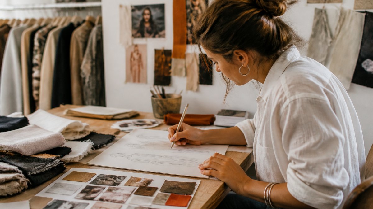 Designer sketching new clothing designs at a wooden studio desk surrounded by fabric swatches, mood boards, and inspiration materials in natural daylight
