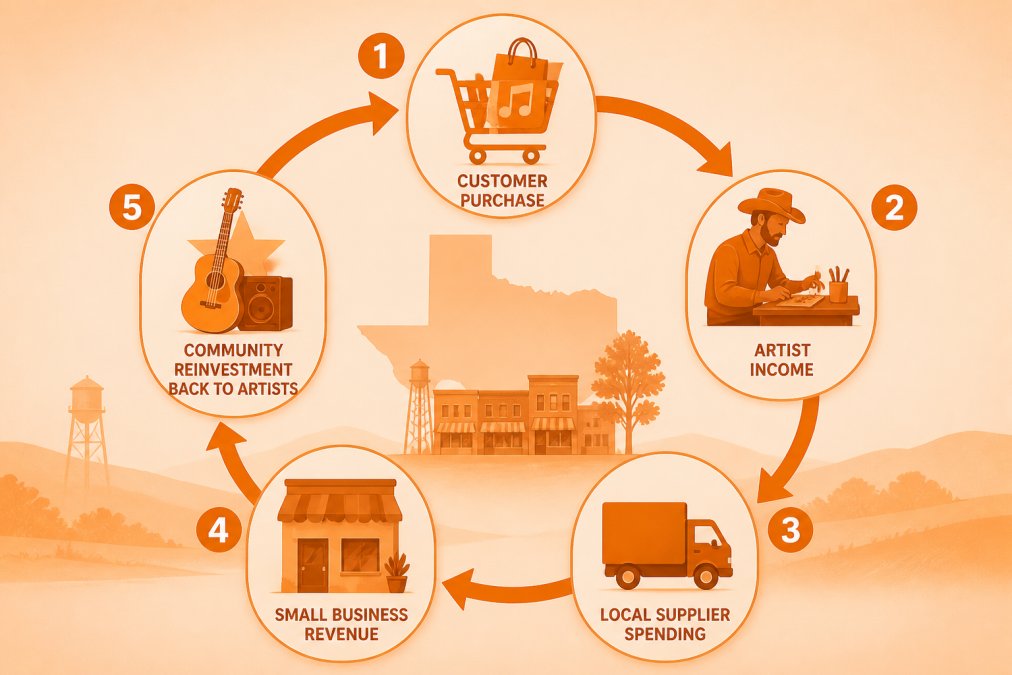 Circular flow diagram showing local economic impact: customer purchase, artist income, local supplier spending, small business revenue, community reinvestment back to artists