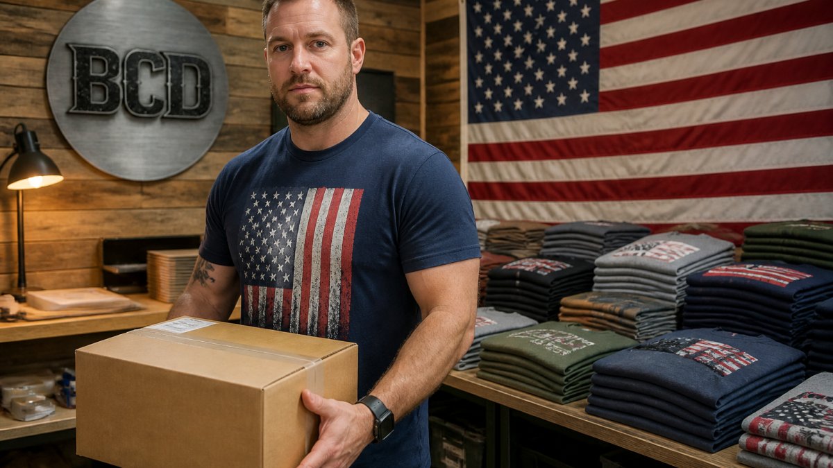 A man wearing a patriotic graphic t-shirt standing in a small American print shop, holding a shipping box, with folded tees stacked on a work table behind him