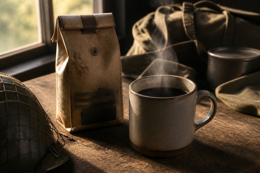 A steaming ceramic mug of freshly brewed dark coffee sits on a rustic wooden table, with a vintage WWII-style coffee bag beside it, soft morning light streaming through a nearby window