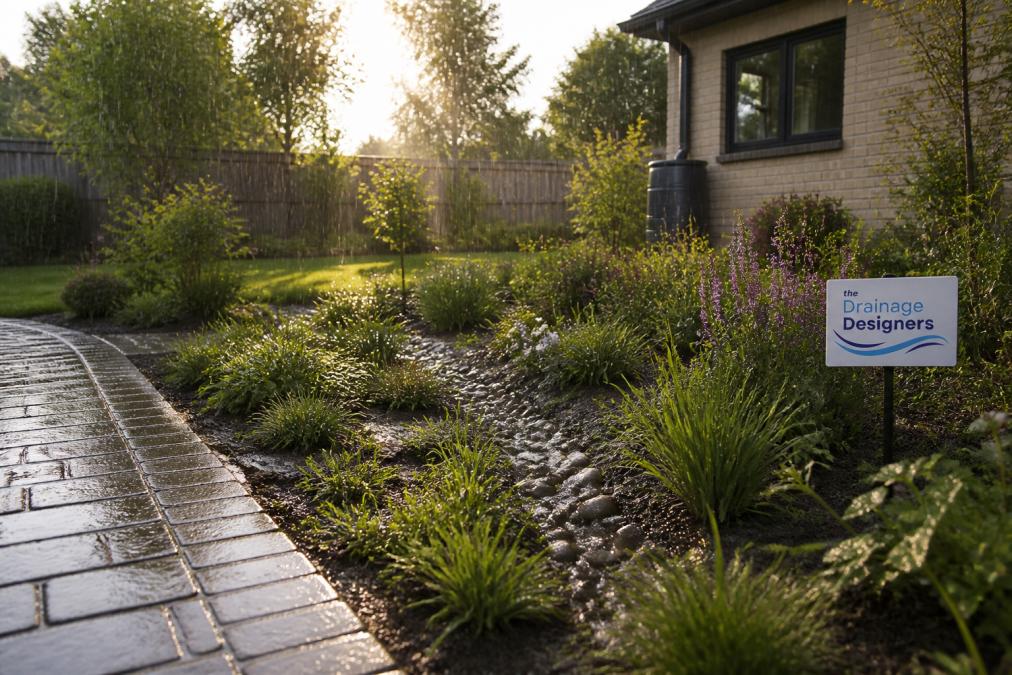 A residential garden with a rain garden featuring native plants and permeable paving, water flowing naturally through vegetation during light rainfall, morning sunlight filtering through trees