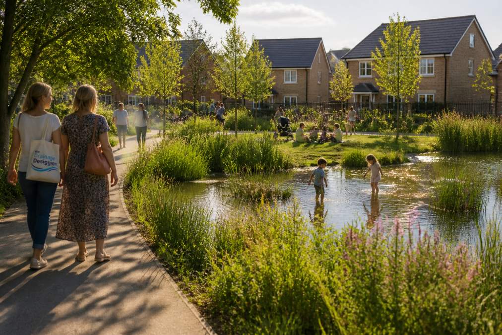 Families and residents enjoying a green space with a SuDS wetland feature surrounded by native plants and trees, children playing near the water's edge, afternoon sunlight reflecting off the surface, community members walking along a landscaped path