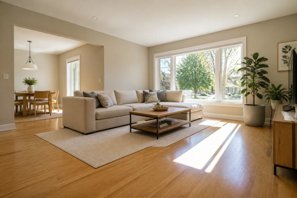 A bright, freshly renovated living room with large windows letting in natural light, showing bamboo flooring and a wall painted in a soft, low-VOC color, with a plant in the corner