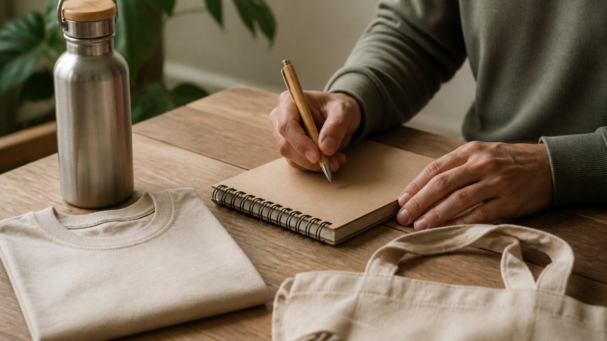Reusable water bottle, cotton shirt, and bamboo pen as sustainable materials company swag on a wooden table.