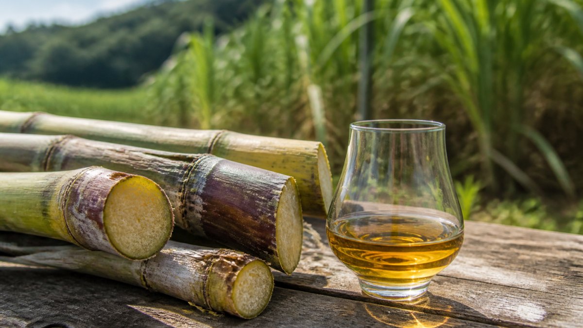 Close-up of freshly cut sugarcane stalks resting beside a glass of golden rum on a weathered wooden table, with green cane fields softly blurred in the background