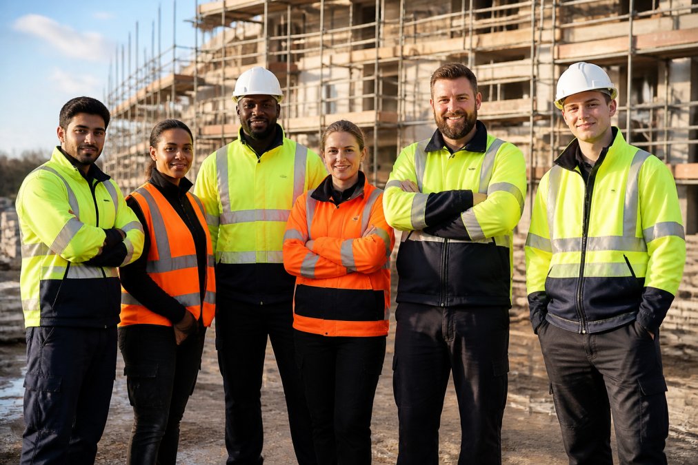 Diverse team of construction workers and warehouse staff wearing branded high-visibility workwear and embroidered uniforms, standing together on a job site in afternoon sunlight, showing professional appearance and team unity