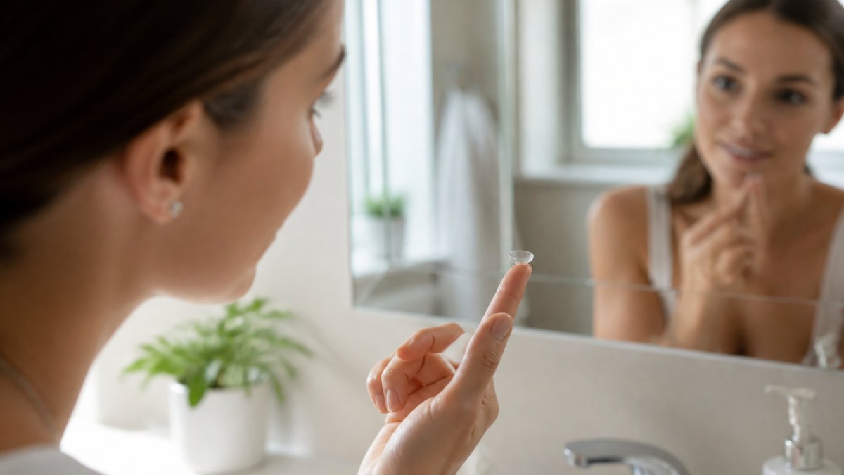 Close-up of a person gently placing a daily disposable contact lens on their fingertip, with a clean bathroom mirror and soft natural light in the background
