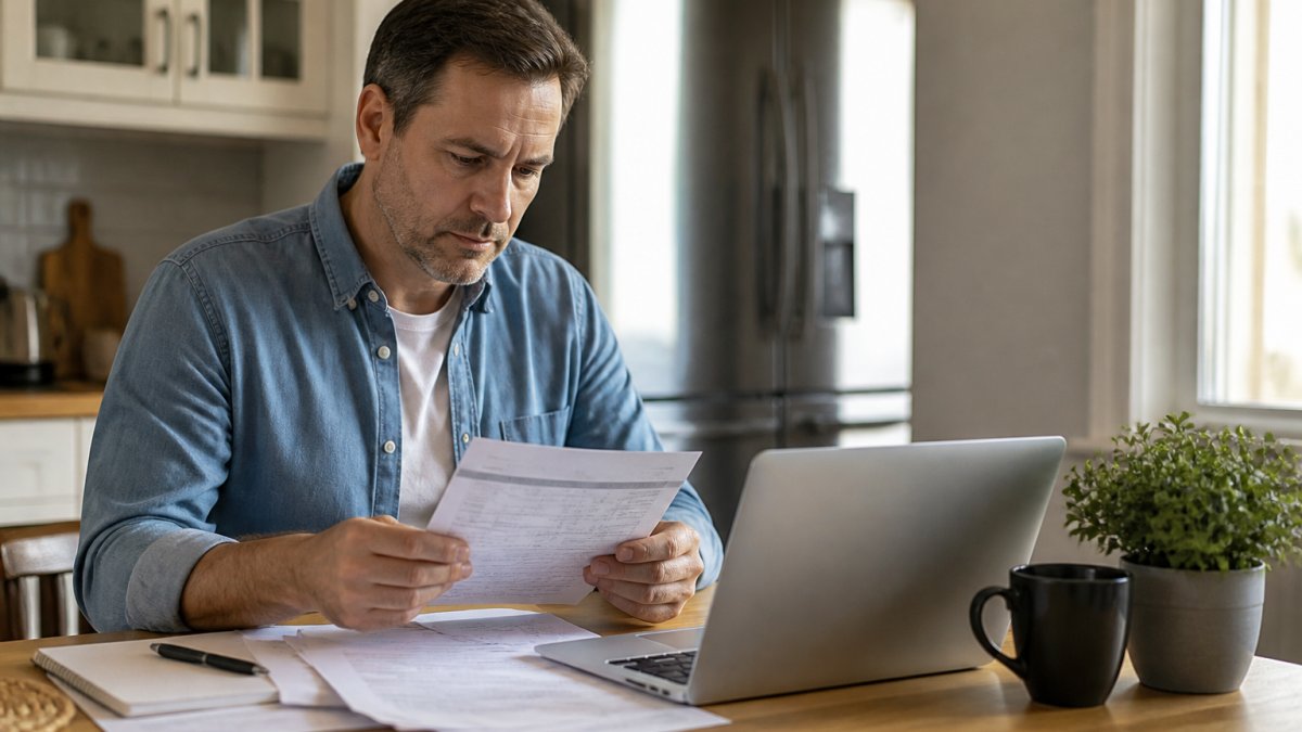 Homeowner reviewing insurance documents and comparing quotes on a laptop at a kitchen table with coffee and notepad, natural morning lighting