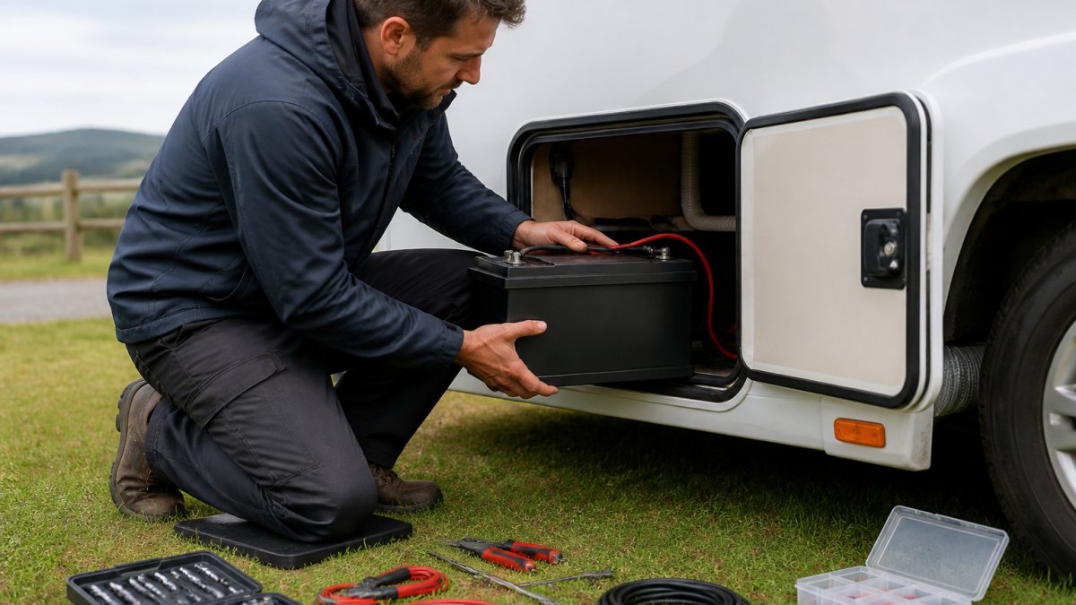 A caravan owner in outdoor clothing kneeling beside an open battery locker, fitting a lithium leisure battery with tools and cables visible on the ground nearby