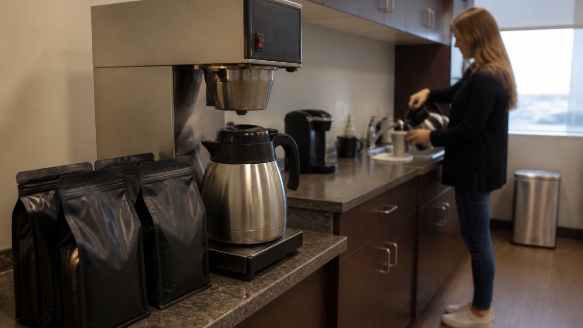Employee pouring fresh coffee near a commercial brewer and whole bean bags in a cozy office break room