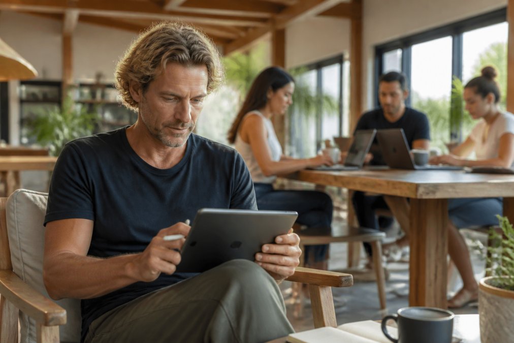 An Australian business founder in a bright, modern office reviewing a documented process on a tablet while their team works independently in the background