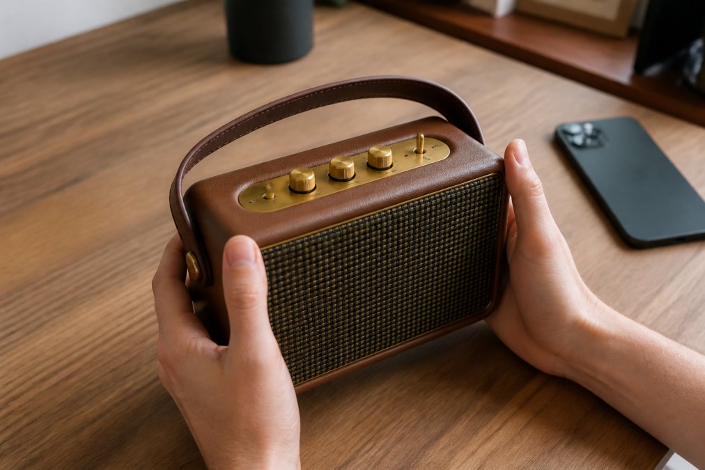 A person's hands holding a modern portable speaker with visible physical buttons and a retro design, sitting on a wooden desk next to a smartphone