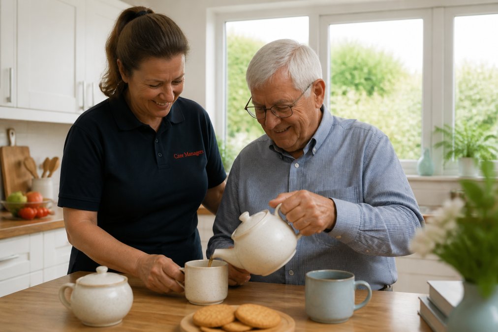 A smiling female carer in her 40s helping a senior man prepare tea in his bright, familiar kitchen, warm natural light, calm companionship