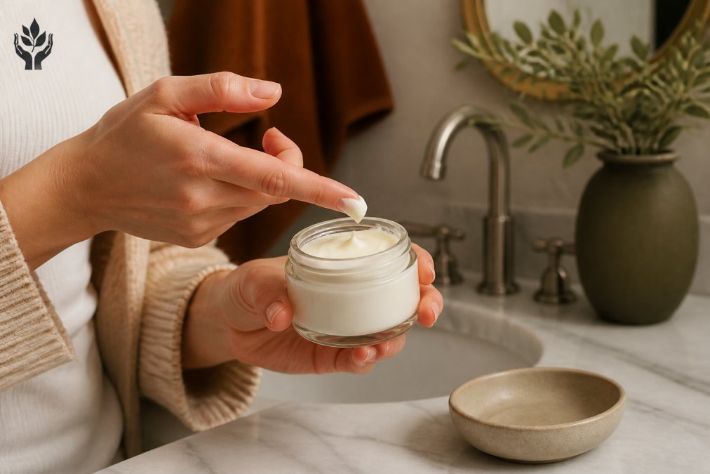 A woman's hands scooping a small amount of whipped tallow balm from a glass jar in a softly lit bathroom, warm natural tones