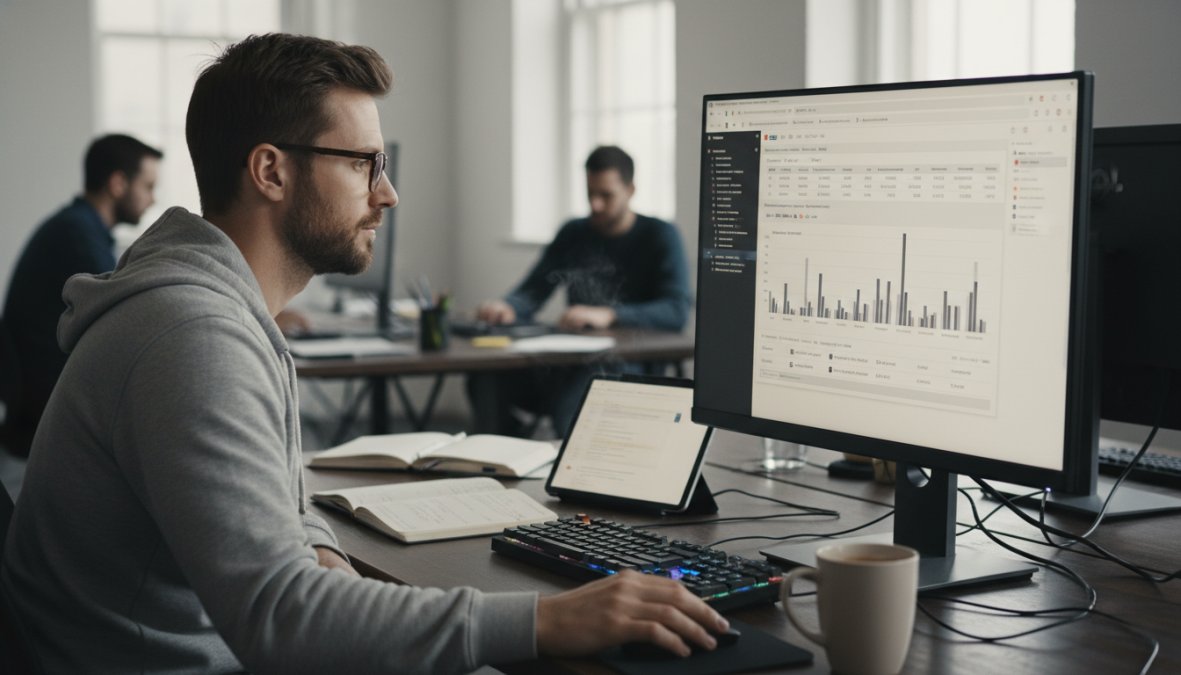 A developer reviewing website performance metrics on a large monitor in a modern office, coffee cup on the desk, focused expression, warm overhead lighting