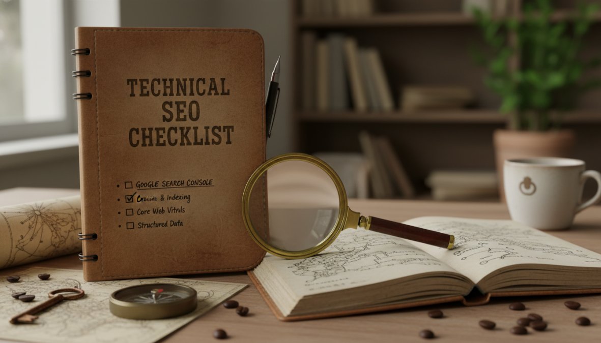 A marketing professional working through a printed checklist at a clean desk with a laptop open to Google Search Console, bright natural window light, focused and organized workspace