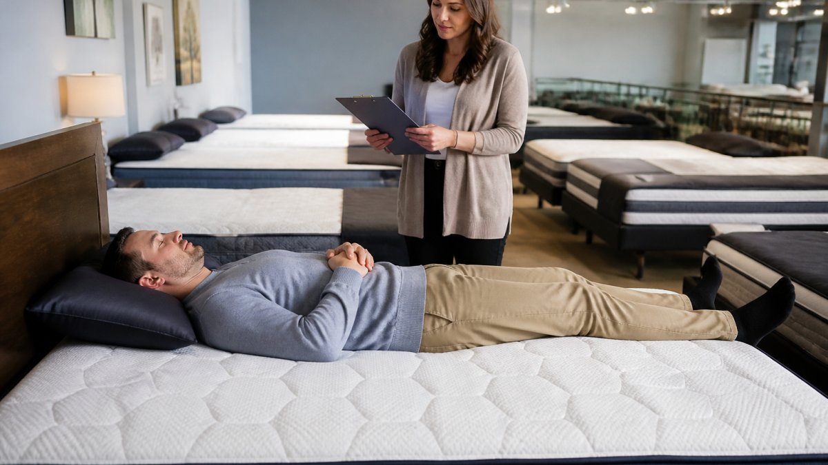 A shopper lying on their back on a showroom mattress with a sales associate standing nearby holding a clipboard, bright mattress showroom with rows of beds in the background