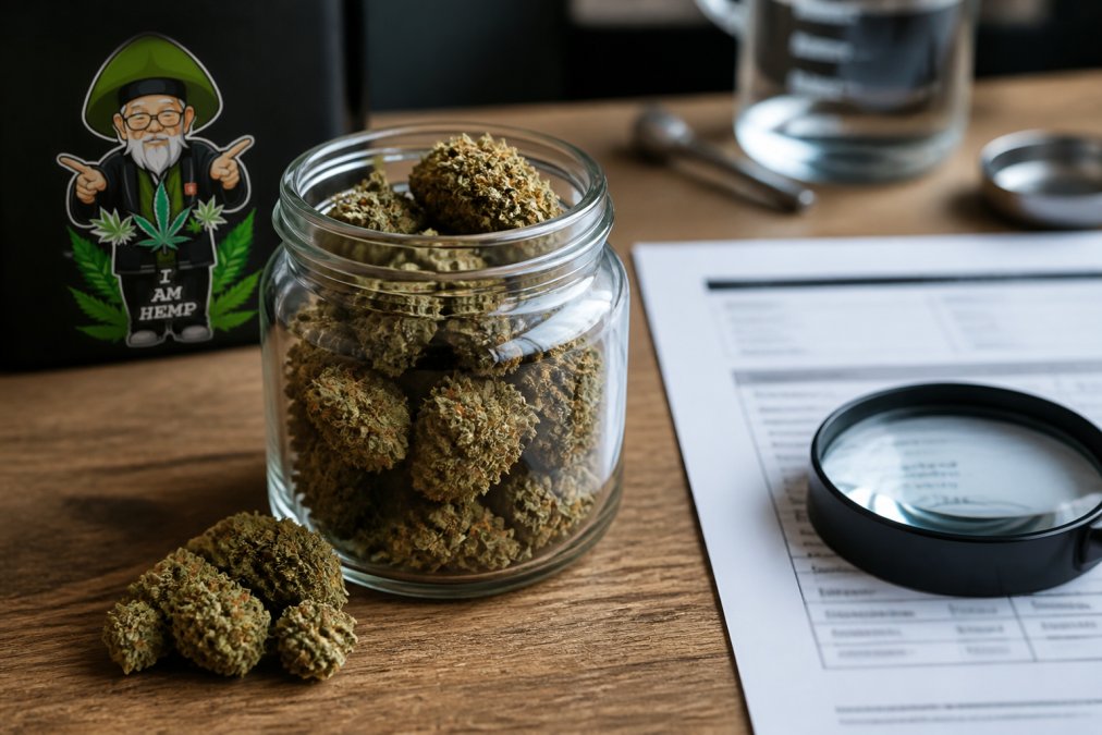 Close-up of cured THCA hemp flower buds in a glass jar on a wooden table next to a lab report and a magnifying glass