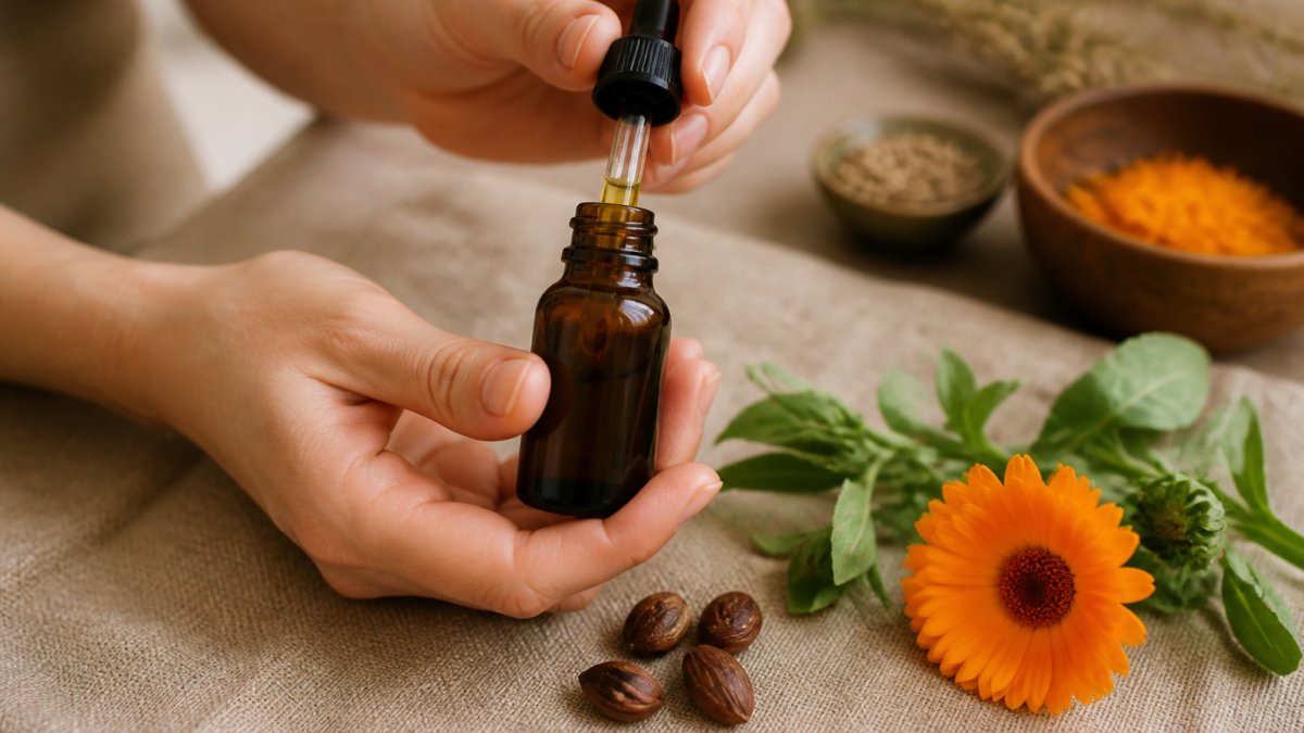 Close-up of a person's hands holding a small amber glass dropper bottle of botanical facial oil beside a few whole jojoba seeds and a sprig of calendula on a linen cloth