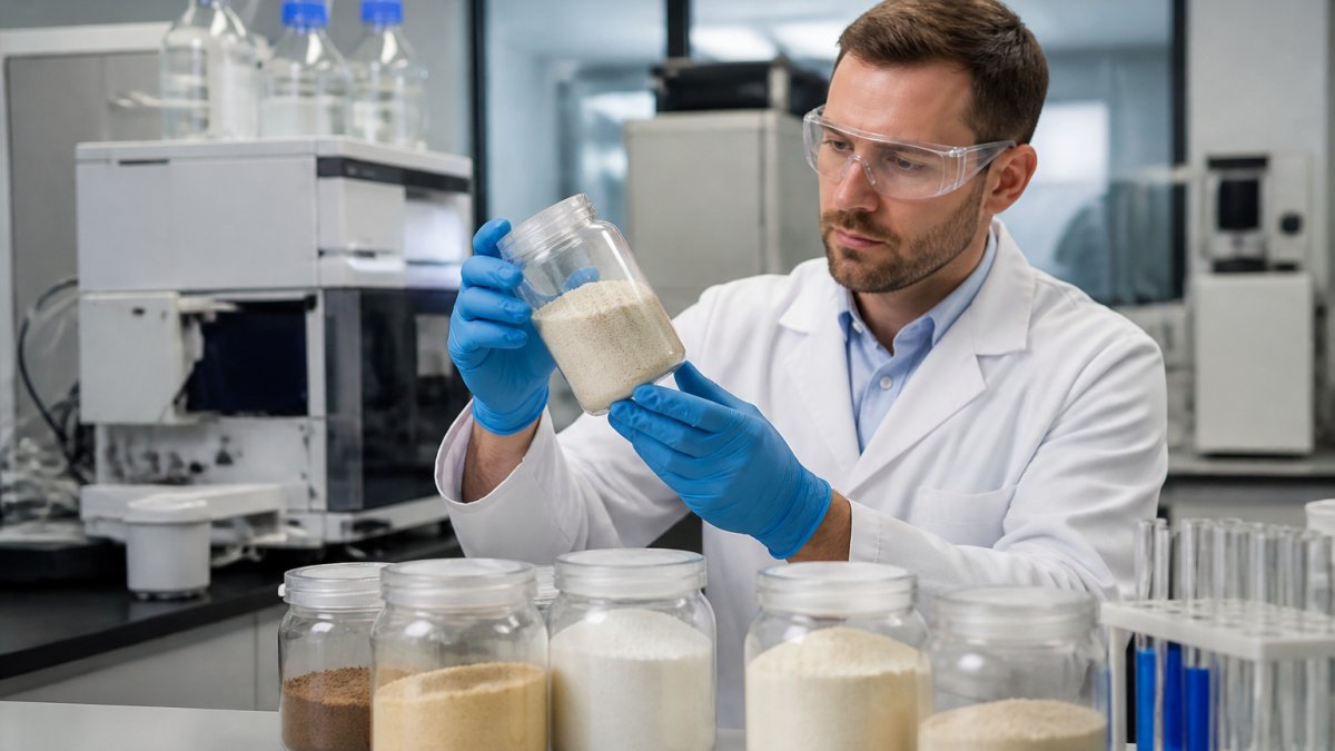 Laboratory technician examining protein powder samples for purity in a professional testing facility