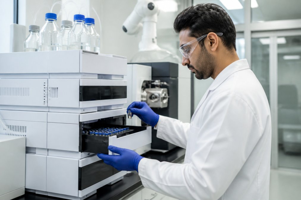 Professional technician in white lab coat and protective gloves working with analytical HPLC instrument in modern research laboratory, examining sample vials under bright fluorescent lighting