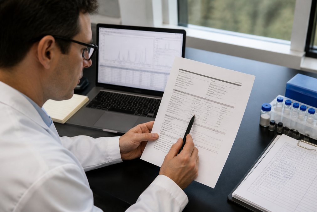 Researcher seated at desk with printed Certificate of Analysis document in hand, pointing to specific data fields with a pen while laptop showing analytical data is visible in background, natural window lighting
