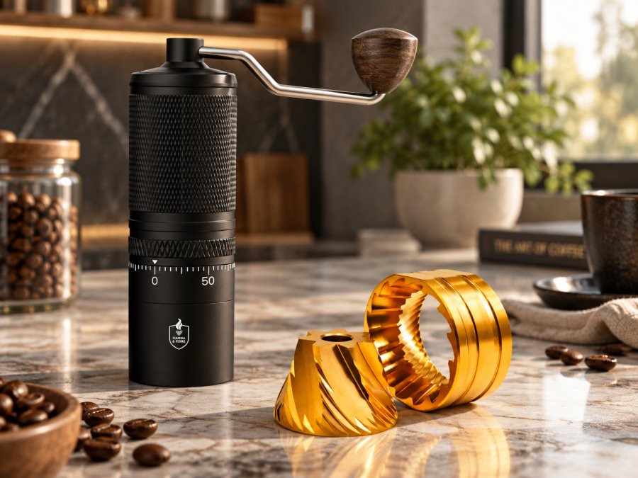 Close-up of a premium manual coffee grinder, titanium-coated burrs by its side