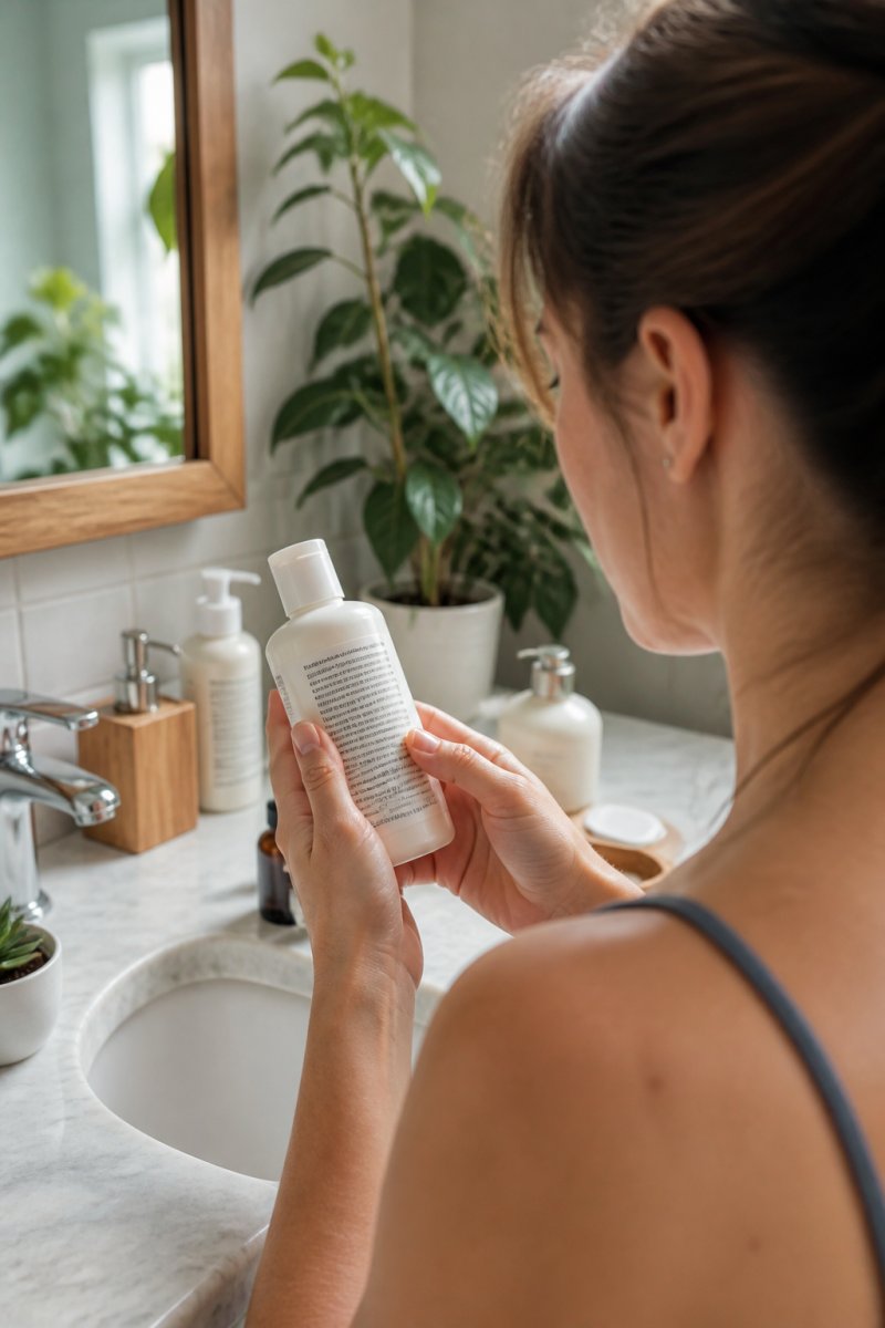 Close-up of a person holding a skincare product bottle and reading the ingredient list on the back label in a bright bathroom