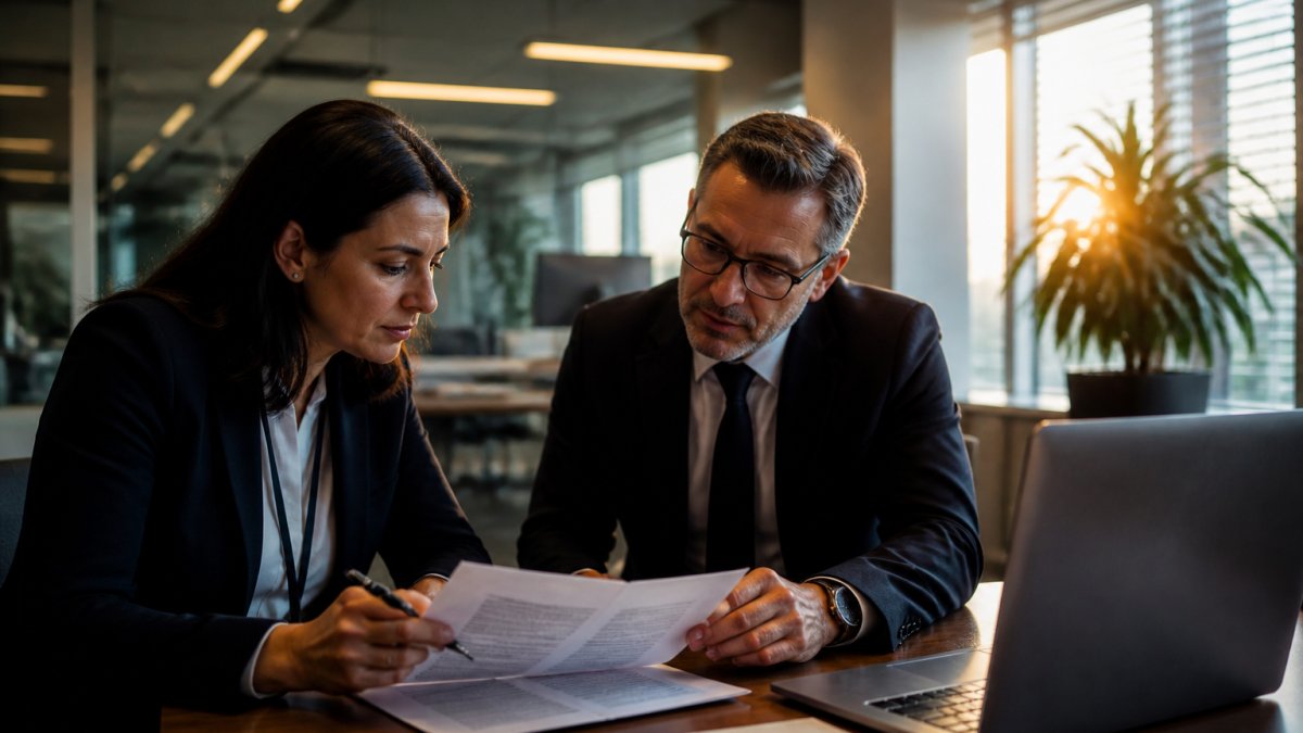 A compliance officer and an auditor seated at a desk reviewing a printed report beside a laptop showing a document with highlighted source text, quiet modern office, natural light through blinds