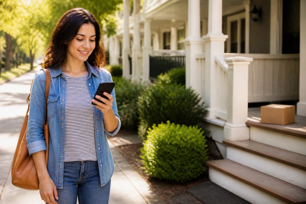Woman holding smartphone outdoors in residential neighborhood, checking delivery tracking app with satisfied expression, package visible on porch in soft afternoon sunlight