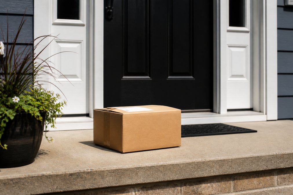 Close-up of cardboard package sitting on residential doorstep during daytime with clear visibility of house number and entrance, bright natural lighting