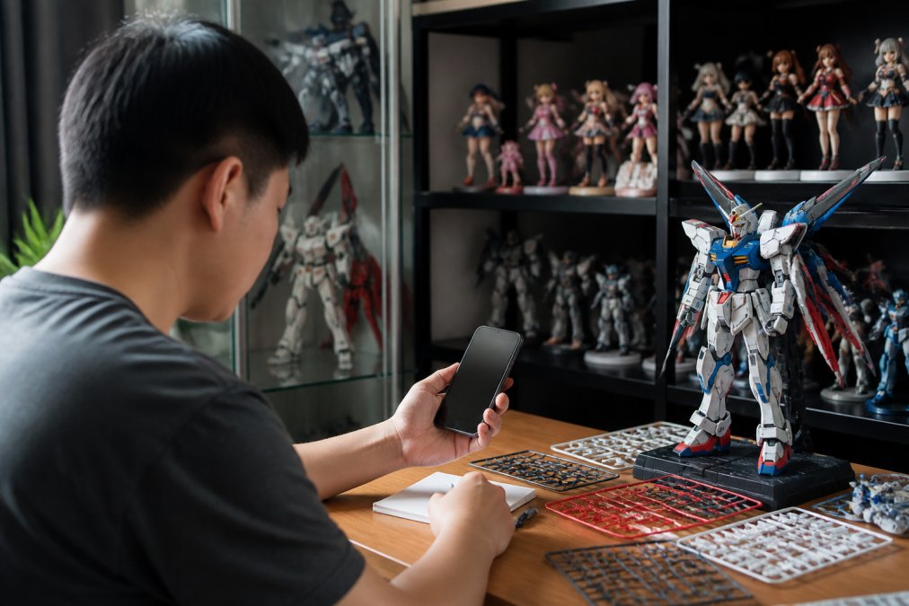 A collector sitting at a desk with a smartphone showing a collection tracking app, surrounded by anime figures and model kits in a home display area