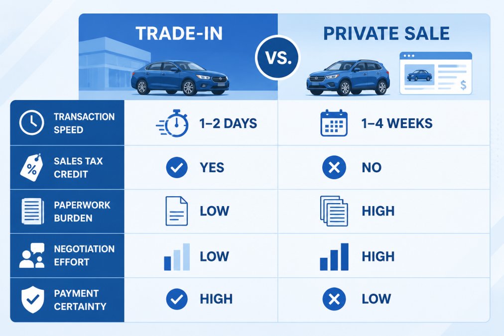 Comparison matrix of trade-in vs. private sale across five factors: transaction speed, sales tax credit, paperwork burden, negotiation effort, and payment certainty