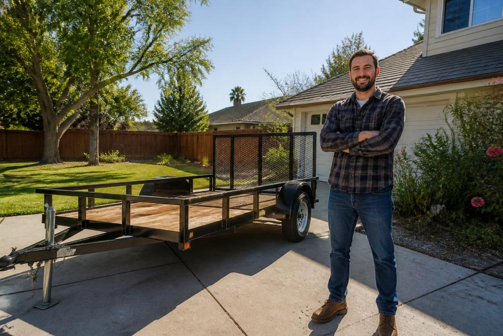A homeowner standing in front of a delivered utility trailer at their residential property, visibly relieved and satisfied, with clear morning sunlight illuminating the scene