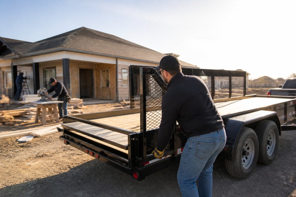 A professional driver carefully positioning a utility trailer at an active job site while contractors work with materials in the background, morning light casting long shadows