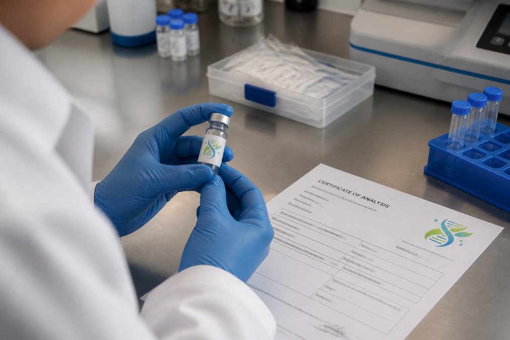 Close-up of hands holding a peptide vial with batch-specific labelling and Certificate of Analysis document on a laboratory workbench