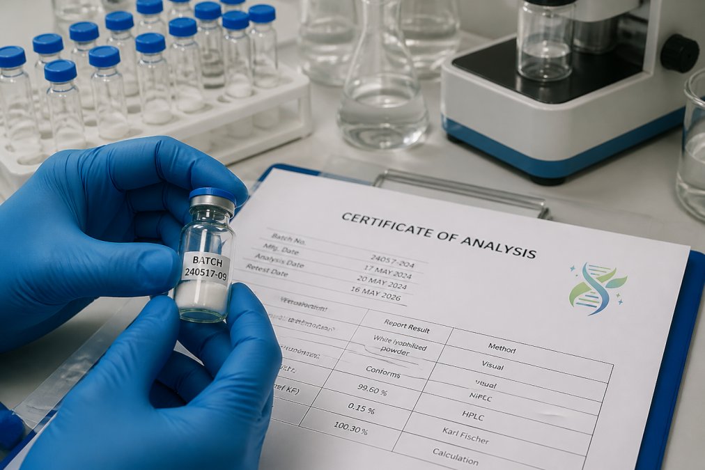 Professional illustration showing Close, Certificate, Analysis for transparent peptide sourcing